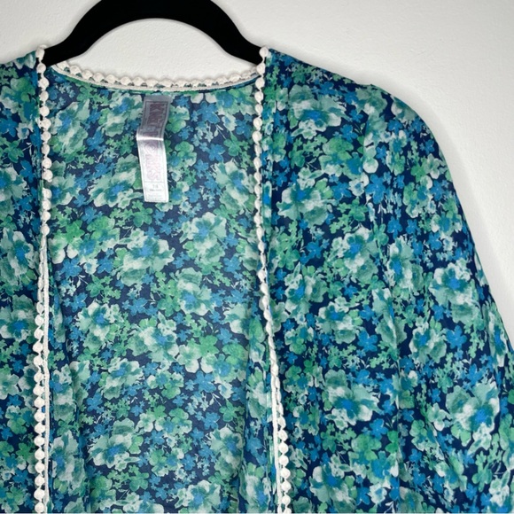 Knitworks Blue & Green Floral Cropped Short Sleeve Kimono Cover Up Cardigan Top - Picture 3 of 7